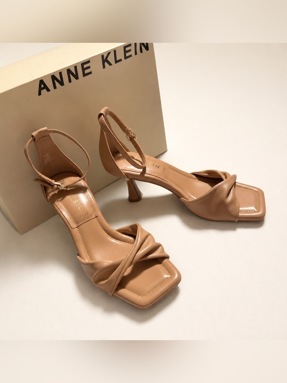 Anne Klein Nude Tan Knotted Square-Toe Ankle Strap Heels